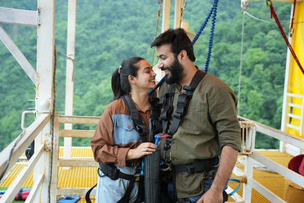 A couple sharing a moment before their bungee jump near Laxman Jhula