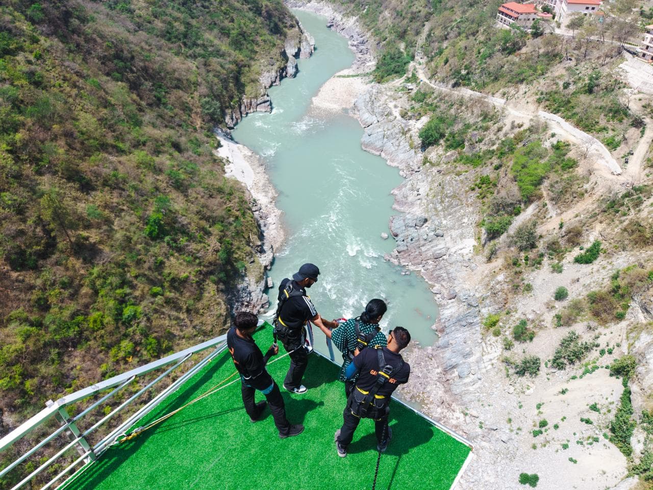 A rooftop bungee jump over the Ganga at Devprayag near Rishikesh