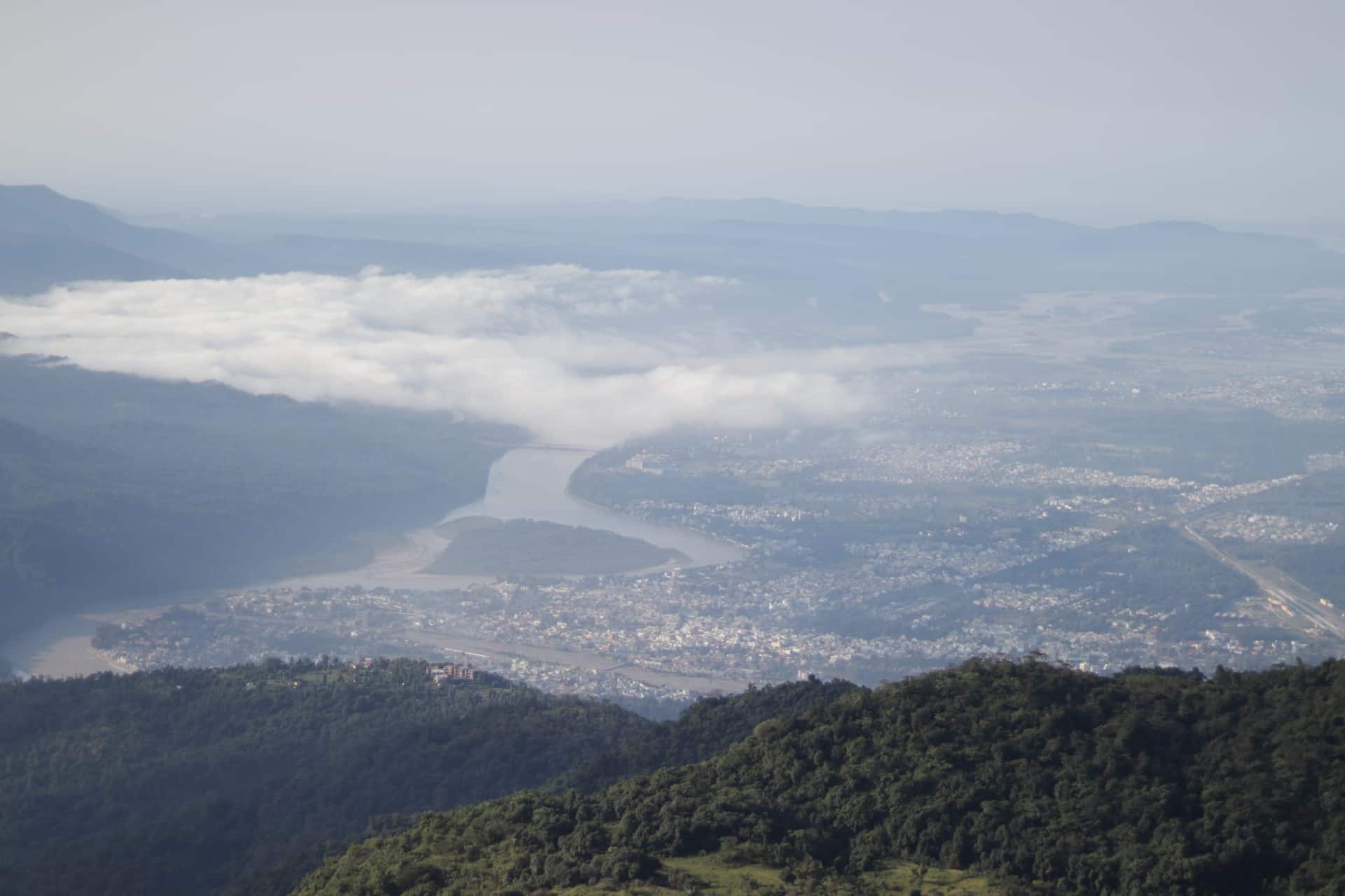 The steep forested gorge above the Ganga in the hills of Uttarakhand