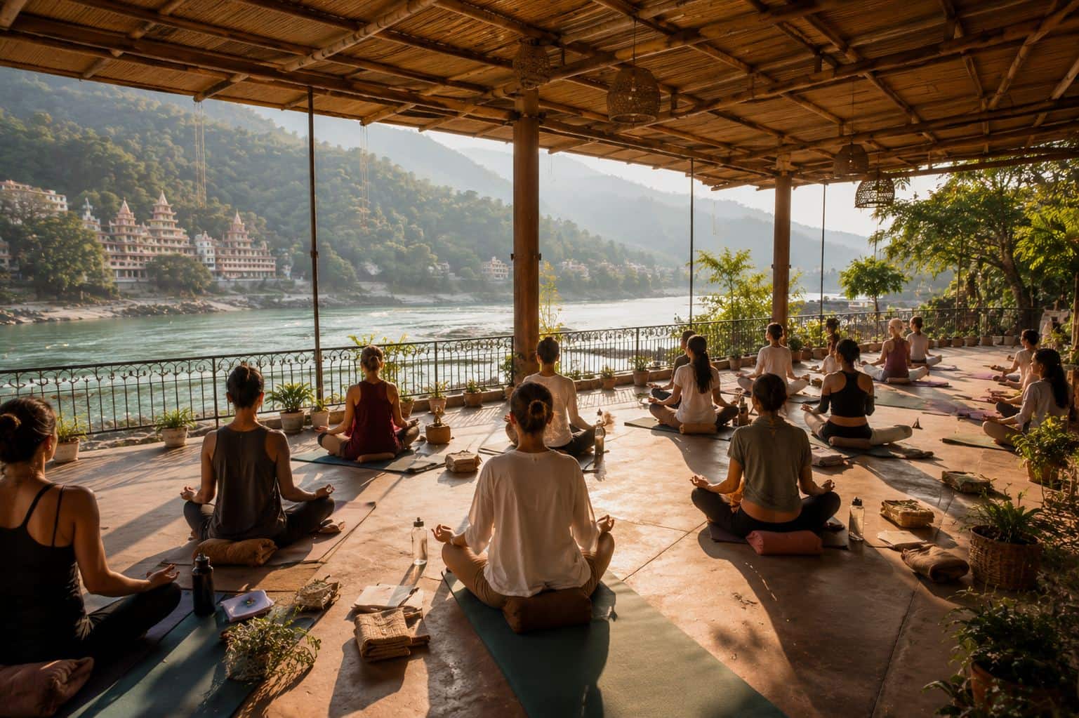 A person seated cross-legged in meditation on a rooftop in Rishikesh during golden hour