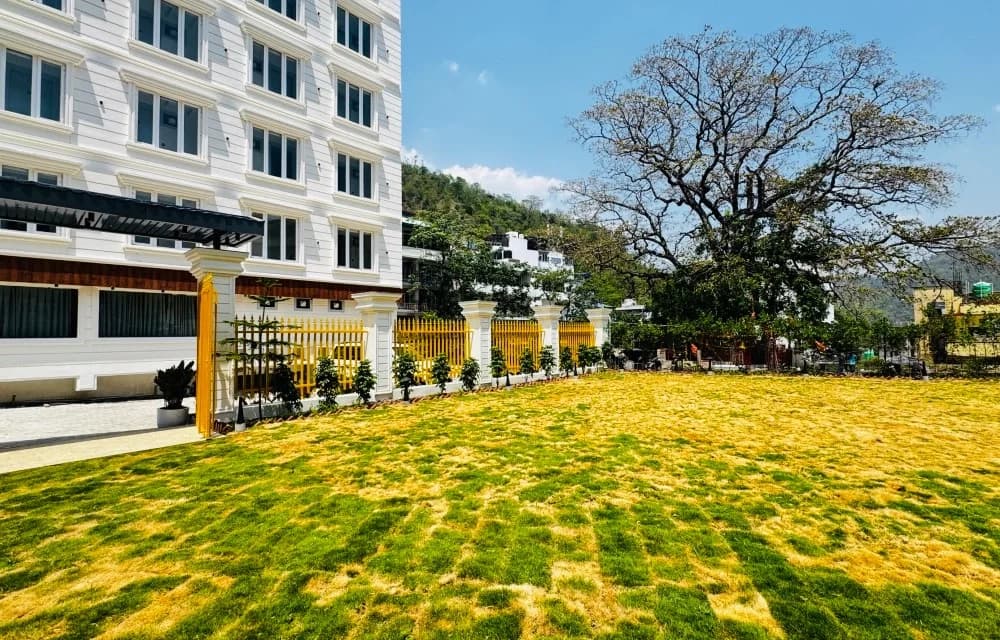 The garden lawn in front of Arista Haven, Tapovan, Rishikesh