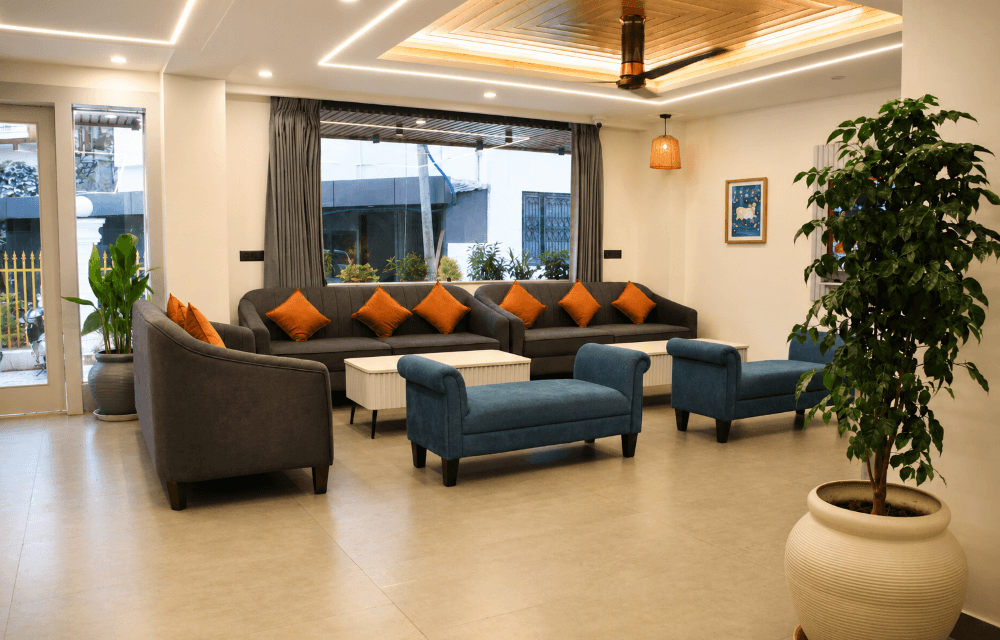The lobby lounge at Arista Haven, Tapovan, Rishikesh