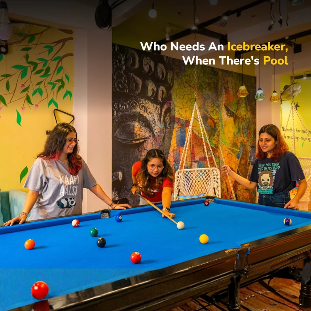 Pool table in the common lounge at goSTOPS Rishikesh, Lakshman Jhula