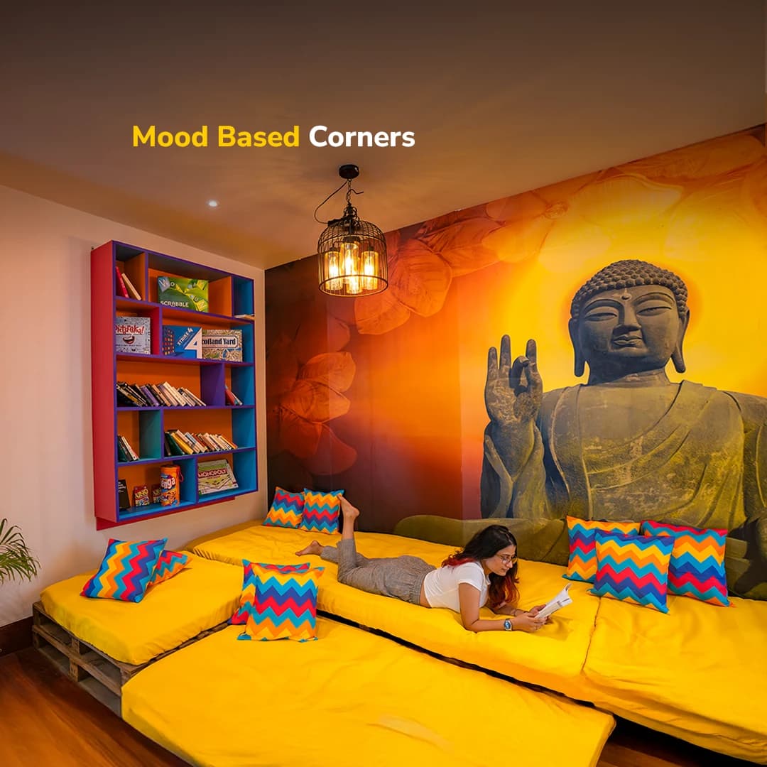 A reading and lounge corner at goSTOPS Rishikesh, Lakshman Jhula