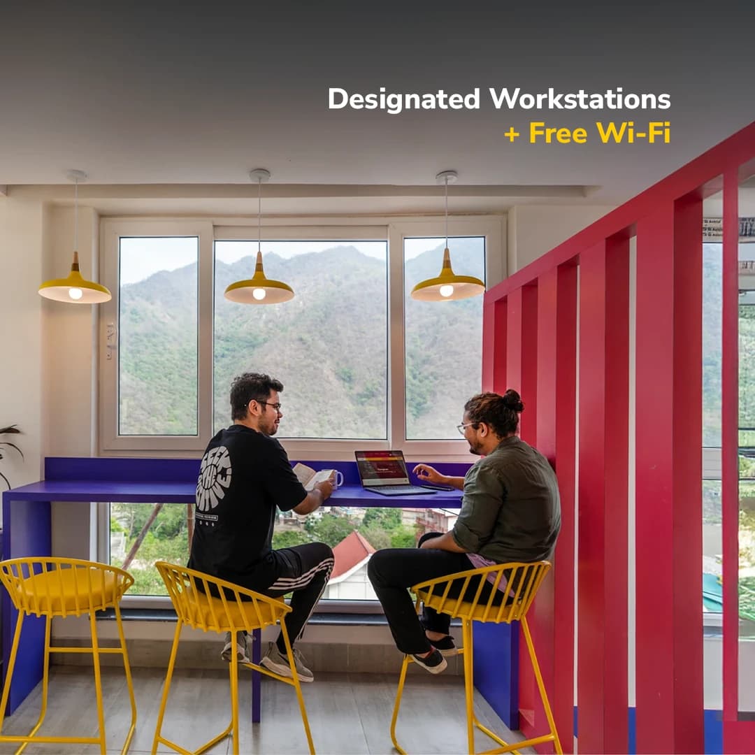 Co-working nook with a mountain view at goSTOPS Rishikesh, Tapovan PLUS