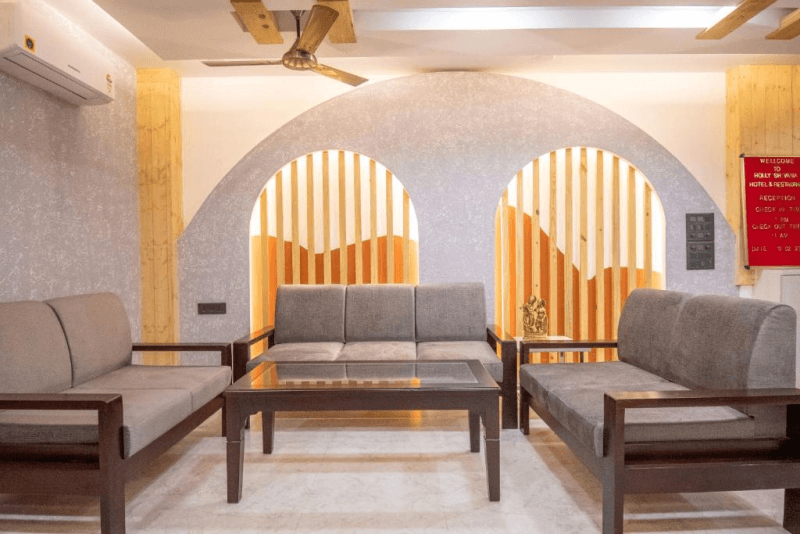 The lobby lounge at Holy Shivana, Rishikesh