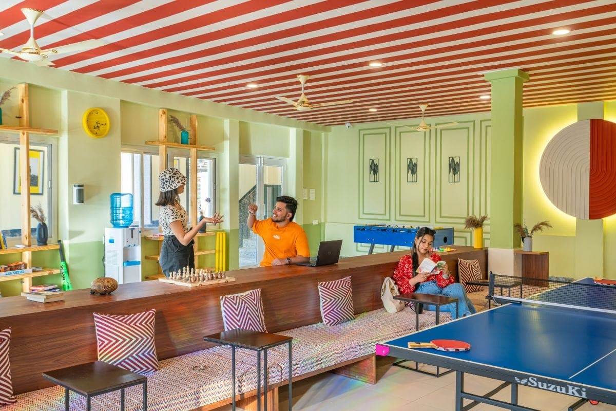 Common lounge with games and reception at The Hosteller Rishikesh, Ganges
