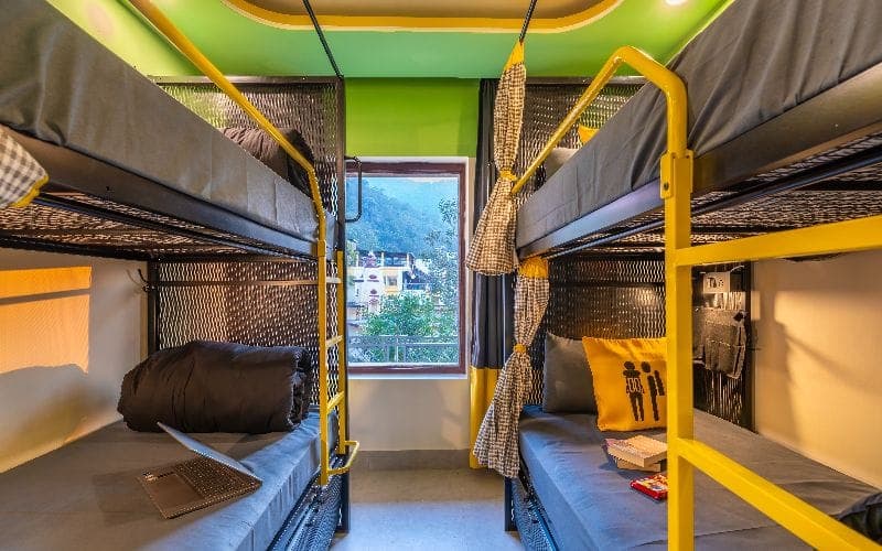 Inside the 4-Bed Mixed Dorm (Balcony, AC) at The Hosteller Rishikesh, Laxman Jhula