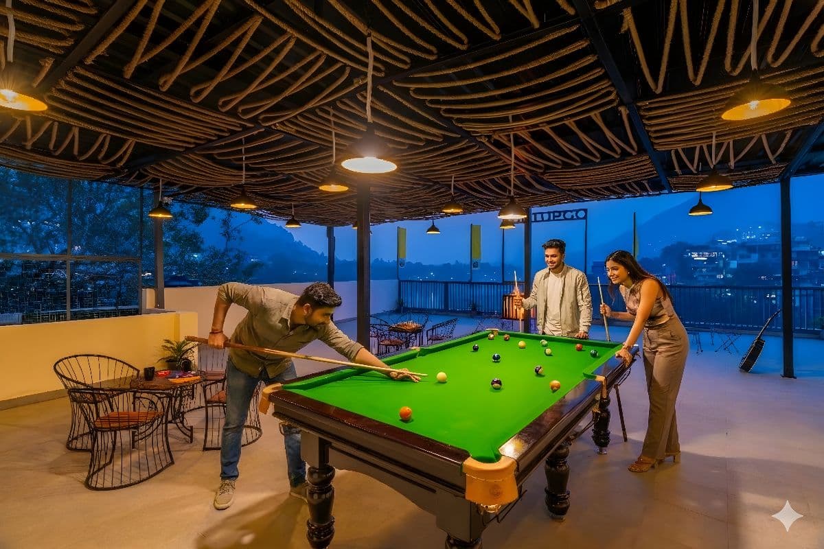 Rooftop common area at The Hosteller Rishikesh, Laxman Jhula