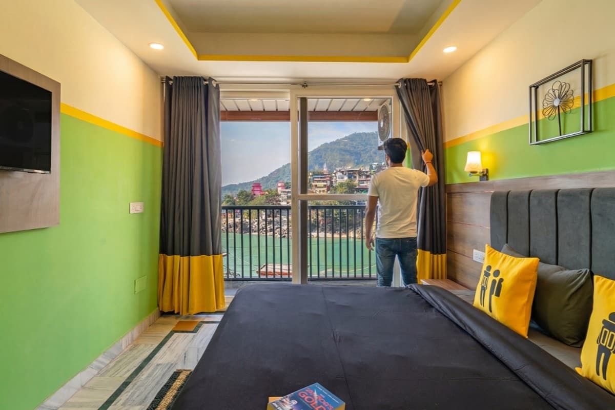 River-view balcony at The Hosteller Rishikesh, Laxman Jhula