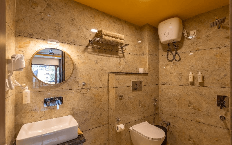 En-suite bathroom for the AC Superior Double Room at The Hosteller Rishikesh, Laxman Jhula