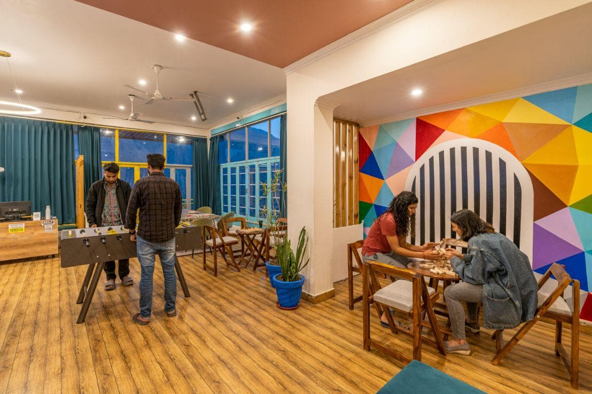 Common lounge and games area at The Hosteller Rishikesh, Upper Tapovan
