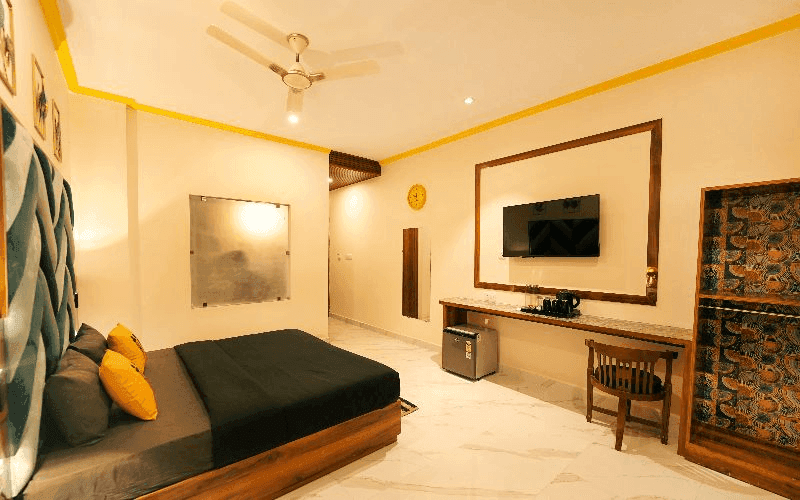 Inside the AC Superior Double Room — Balcony at The Hosteller Rishikesh, Upper Tapovan