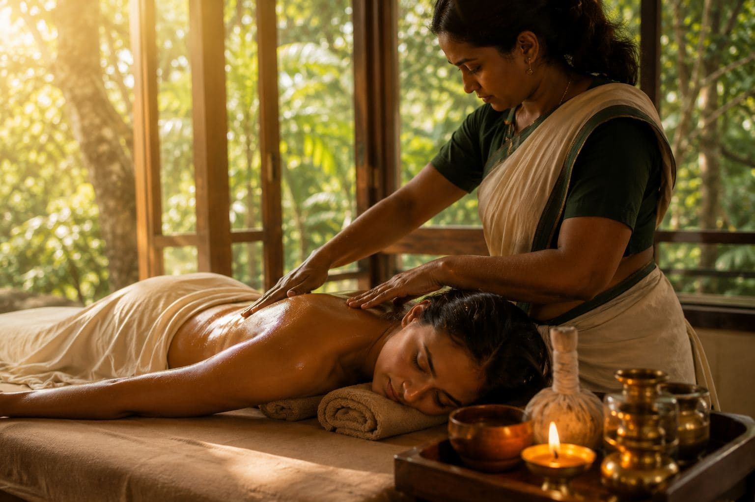 A guest receiving a traditional Ayurvedic herbal massage