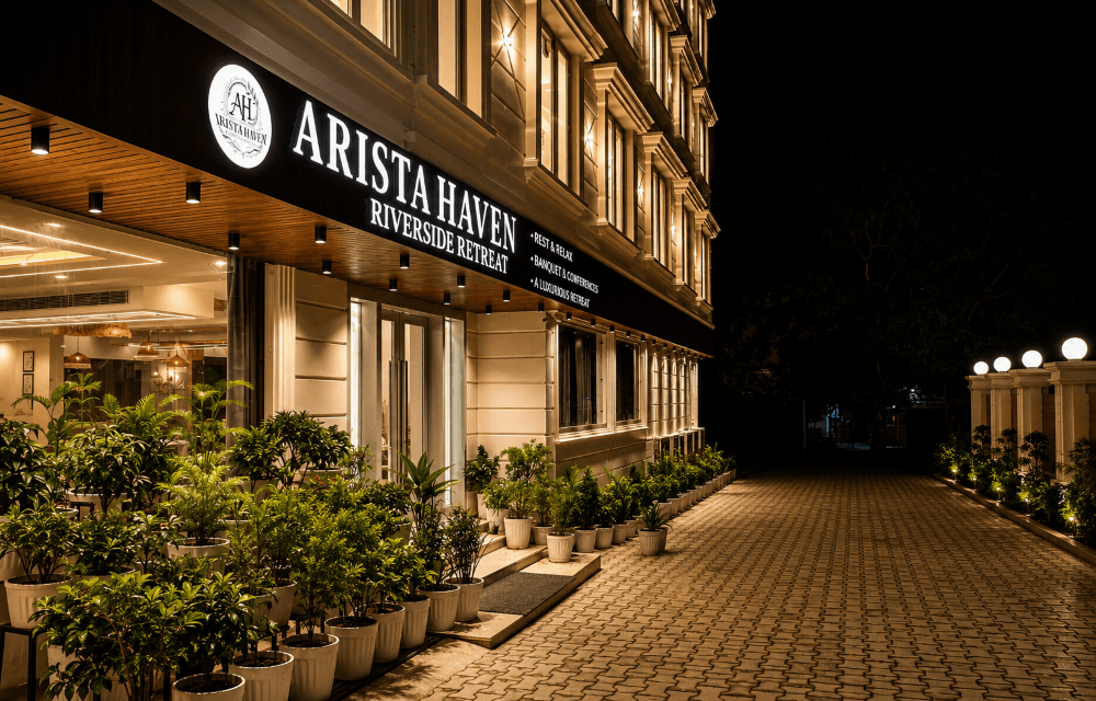 Arista Haven's entrance, lit up at night, in Tapovan, Rishikesh