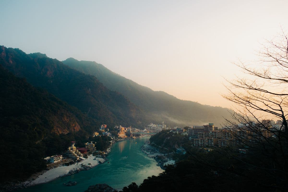 Golden sunset over the valley from Kyarki Village above Rishikesh
